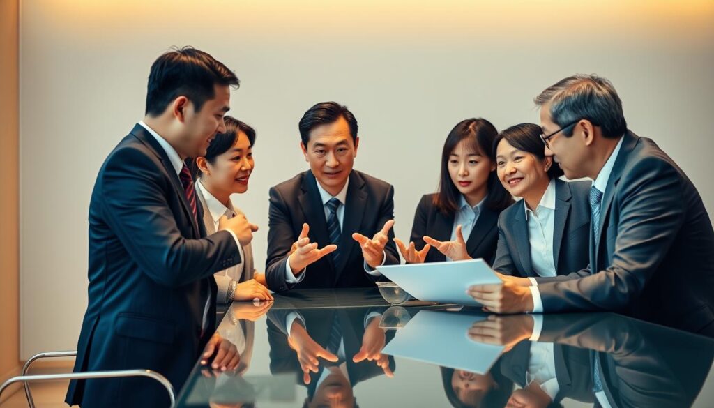A professional team of Japanese business consultants, dressed in formal business attire, collaborating on a project together. The scene is lit by warm, directional lighting, creating a focused and productive atmosphere. The consultants are seated around a sleek, modern conference table, engaged in discussion and gesturing animatedly. Their expressions are thoughtful and focused, showcasing their expertise and problem-solving skills. The background is a minimalist office setting, with clean lines and neutral tones that allow the consultants to be the central focus. The overall impression is one of efficiency, competence, and the ability to tackle complex business challenges.