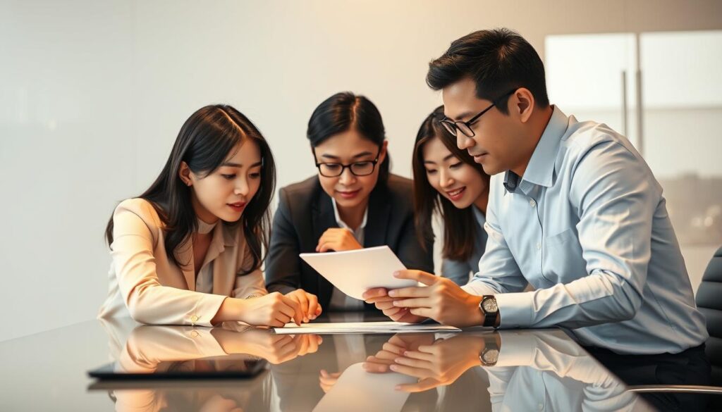 A professional team of young, Japanese-looking business consultants working together on a complex problem, captured in a realistic, high-quality photograph. The scene has a warm, natural lighting that highlights their thoughtful expressions and focused body language as they collaborate at a sleek, modern conference table. The background is subtly blurred, keeping the attention on the group's dynamic and efficient consultation skills.