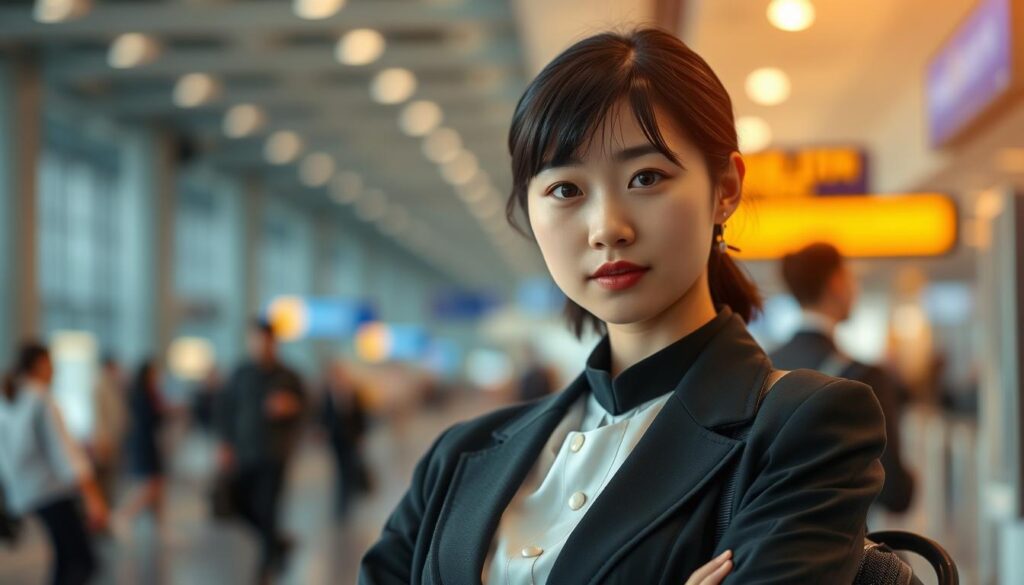 A professional travel guide standing confidently, dressed in a neatly pressed uniform with a sharp, focused gaze. Warm, natural lighting accentuates their attentive expression and the subtle details of their appearance - neatly styled black hair, a youthful yet poised Japanese-inspired facial structure. In the background, a blurred scene of a bustling airport terminal, conveying the hustle and responsibility of their role. The image captures the skills and professionalism required of a dedicated travel attendant, ready to guide and assist passengers with expertise and care.