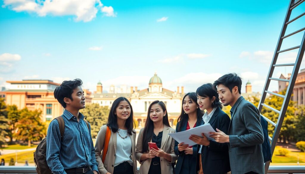 A professional university staff team ascending the career ladder, navigating diverse paths and opportunities. In the foreground, young Japanese-looking professionals collaborating, discussing strategies and plans against a backdrop of a modern university campus. Warm lighting casts a focused, determined atmosphere as they chart their trajectories, exploring administrative, managerial, and leadership roles. The middle ground depicts various departments and divisions, each with their own unique challenges and growth prospects. In the distance, the grandeur of academic buildings and lush greenery evoke the prestige and tradition of higher education, setting the stage for this career progression journey.