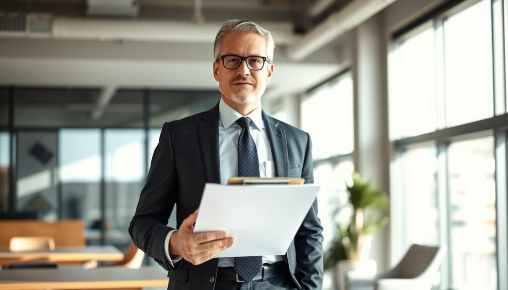 A professional urban planning consultant in a modern office environment, standing confidently and holding a clipboard, wearing a tailored suit and tie. The lighting is bright and natural, illuminating the details of their attire and the sleek, minimalist decor of the workspace. The consultant's expression is focused and determined, conveying their expertise and dedication to their field. The overall scene exudes a sense of professionalism, competence, and the importance of the urban planning consultant's role in shaping the built environment.