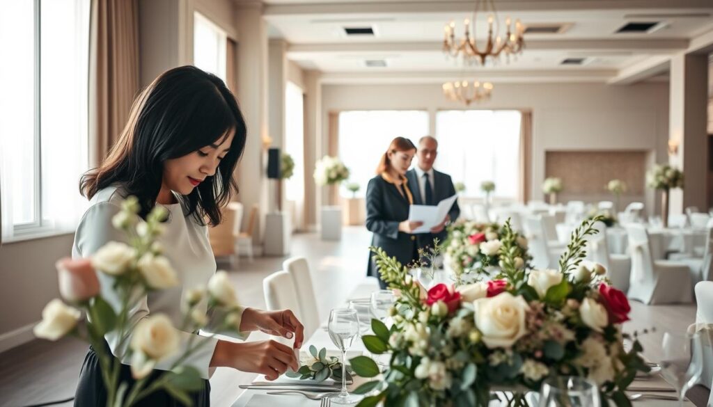 A professional wedding planner meticulously arranging flowers, linens, and decor in an elegant venue. Soft natural lighting filters through large windows, casting a warm glow on the scene. In the foreground, the planner, a young Japanese-looking woman with black hair, examines table settings with a keen eye for detail. In the middle ground, she confers with a client, discussing plans for the upcoming ceremony. The background reveals a spacious, modern event space with high ceilings and minimalist furnishings, creating a serene, refined atmosphere conducive to wedding celebrations.