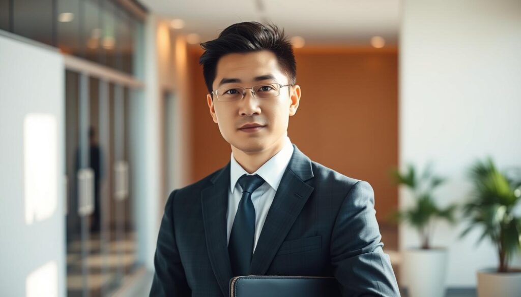 A professional, well-dressed Japanese man in his 20s or 30s, with a focused, determined expression, stands in a modern, minimalist office setting. The lighting is bright and natural, casting a warm glow on his face. He is holding a briefcase, symbolizing his transition from one career to another, becoming a flight attendant. The background is blurred, emphasizing the subject, conveying a sense of purpose and new beginnings. The overall mood is one of optimism and opportunity as he embarks on this career change.
