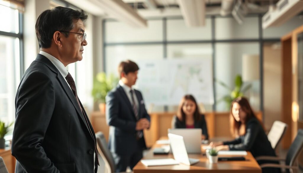 A professional, well-dressed commissioner overseeing a team of young, capable Japanese-looking individuals in a modern office setting. The commissioner stands in the foreground, exuding an air of authority and experience, while the team members work diligently in the middle ground. The office is bathed in warm, natural lighting, conveying a sense of productivity and collaboration. The scene captures the commissioner's pivotal role in guiding and coordinating the efforts of their dedicated team members, reflecting the commissioner's position and influence within the organizational structure.