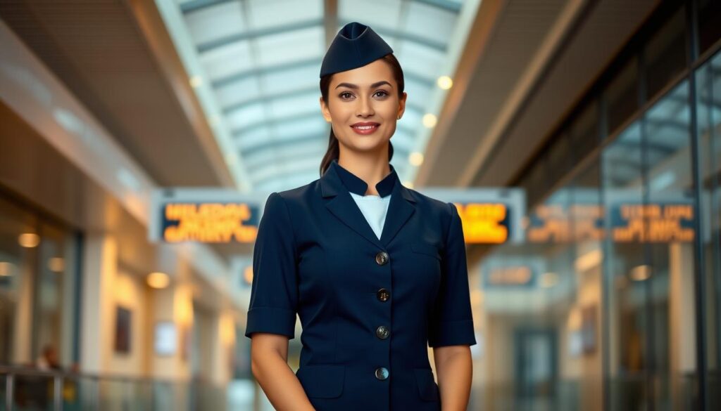 A professional, well-groomed flight attendant in a crisp, navy blue uniform standing in a modern airport terminal. Soft, warm lighting illuminates the scene, highlighting the attendant's polished appearance and welcoming demeanor. The background features clean, minimalist architecture with glass walls, conveying a sense of efficiency and sophistication. The attendant's posture is upright and confident, projecting an air of professionalism and service-oriented attitude. The image conveys the ideal combination of poise, attention to detail, and customer-centric mindset expected of a flight attendant.
