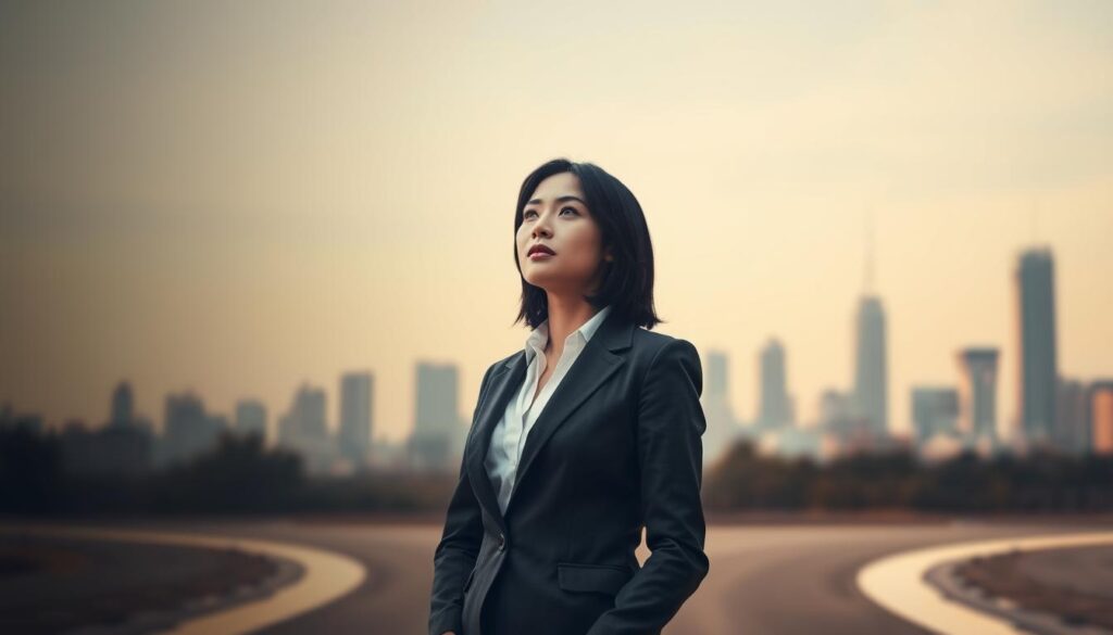 A professional woman standing at a crossroads, contemplating her next career move. She is dressed in a smart, tailored outfit, her black hair framing her determined expression. The background is a blurred city skyline, symbolizing the opportunities and uncertainties that lie ahead. Soft, warm lighting casts a pensive mood, as she considers the timing and strategy of her job search. The scene captures the pivotal moment when a career transition is being carefully weighed and planned, with an air of cautious optimism.