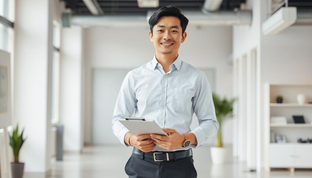 A professional, young Japanese-looking project manager holding a clipboard, standing in a modern office setting with minimalist decor and plenty of natural light. The manager's attire is smart, with a crisp button-down shirt and trousers, conveying authority and expertise. The expression is focused, yet approachable, reflecting the individual's dedication to their work. The scene captures the essence of a competent, capable project manager ready to tackle any challenge.