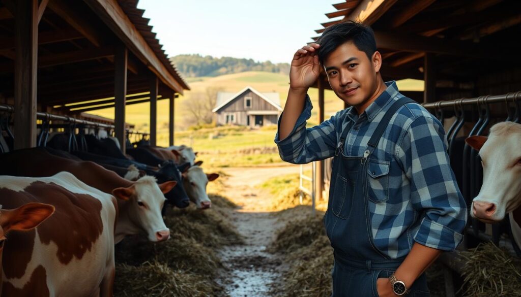 A quaint dairy farm nestled in rolling hills, where a young Japanese-looking farmer meticulously tends to their herd. In the crisp morning light, they move through the stalls, checking on each cow, their hands deftly cleaning and milking. The scent of fresh hay mingles with the gentle lowing of content animals. In the distance, a barn stands proud, its weathered boards a testament to generations of hard work. The farmer pauses to wipe their brow, a look of quiet satisfaction on their face as they survey the peaceful scene. A serene yet industrious atmosphere pervades, capturing the rhythm of a dairy farmer's daily routine.