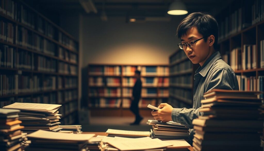 A quiet, dimly lit library interior. In the foreground, a young Japanese librarian stands at a cluttered desk, brows furrowed in concentration as they sort through a stack of books and papers. The middle ground reveals rows of bookshelves, partially obscured by shadows, suggesting the overwhelming volume of materials they must manage. In the background, a lone patron waits patiently, highlighting the demands on the librarian's time and attention. Soft, warm lighting casts a contemplative mood, while the librarian's serious expression conveys the challenges and strain of their work. This scene captures the daily struggles and operational issues faced by library professionals.