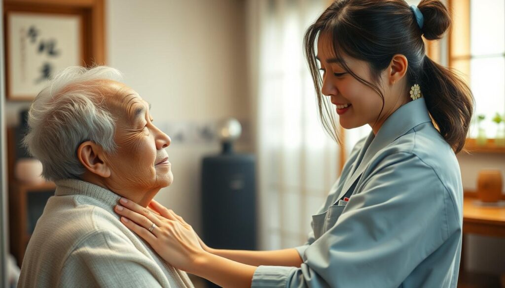 A realistic, high-resolution photograph of a young Japanese-looking woman in her 20s or 30s, working as a home care helper, performing her daily duties. She is gently assisting an elderly person, helping them get dressed or take a shower, with a caring and attentive expression. The lighting is soft and natural, with a warm, comforting atmosphere. The background shows a typical Japanese home interior, with traditional furnishings and decor. The composition focuses on the interaction between the caregiver and the care recipient, conveying the compassionate nature of the home helper's work.