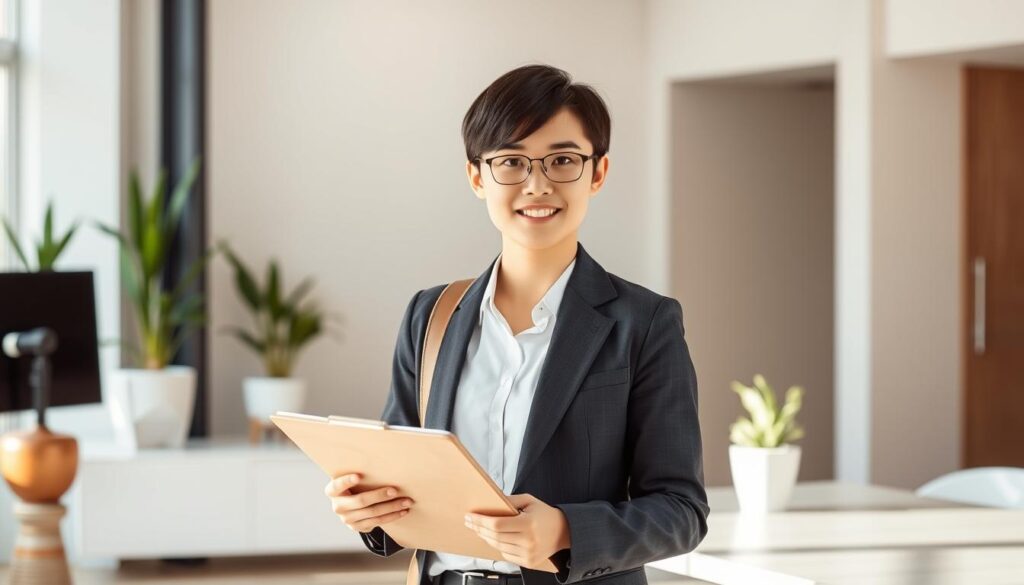 A realistic photograph of a young Japanese-looking tour guide, with a serious yet approachable expression, standing in a well-lit, modern office setting. The guide is dressed in a smart, professional attire, holding a clipboard and gesturing with an informative hand motion, as if explaining important details to a prospective employee. The background features minimalist decor, with a few potted plants and a clean, minimalist desk, conveying a sense of focus and professionalism. Soft, directional lighting illuminates the scene, creating a warm, inviting atmosphere conducive to career guidance and job-seeking advice.