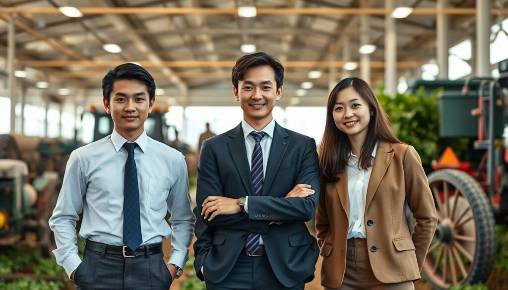 A realistic photograph of three young Japanese-looking individuals in business attire, standing in a professional setting with a backdrop of agricultural infrastructure and equipment. The scene conveys a sense of expertise and technical knowledge, with the subjects appearing confident and focused. The lighting is natural and evenly distributed, creating a warm and professional atmosphere. The composition emphasizes the subjects' central position, framed by the agricultural elements in the background, highlighting the connection between the consultants and their specialized field.