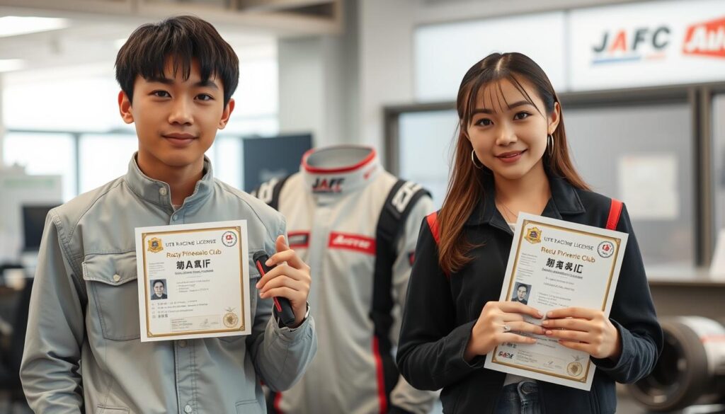 A realistic photograph of two young Japanese-looking individuals, a male and a female, both holding a JAAF racing license and a racing driver's qualification certificate. The scene is set in a well-lit, professional-looking environment, potentially a racing circuit or an automobile club office. The models are posed confidently, dressed in casual yet smart attire, conveying the seriousness and dedication required to become a professional racing driver. The overall atmosphere suggests the importance and prestige associated with obtaining these essential credentials.