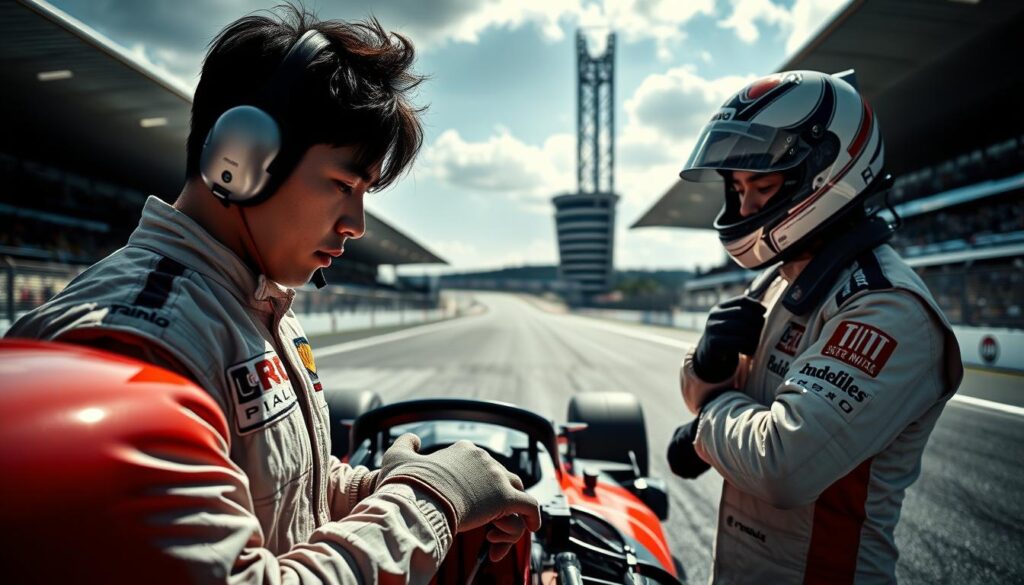 A realistic photograph showcasing the essential skills of a young Japanese-looking racing driver. In the foreground, the driver meticulously inspects their high-performance race car, checking the tires, engine, and other critical components with a focused gaze. In the middle ground, the driver dons their racing suit, helmet, and gloves, preparing to take the wheel. The background depicts a sleek, modern racing circuit, with towering grandstands and the roar of spectators in the distance. Dramatic lighting casts shadows across the scene, conveying the intensity and focus required of a professional racing driver.