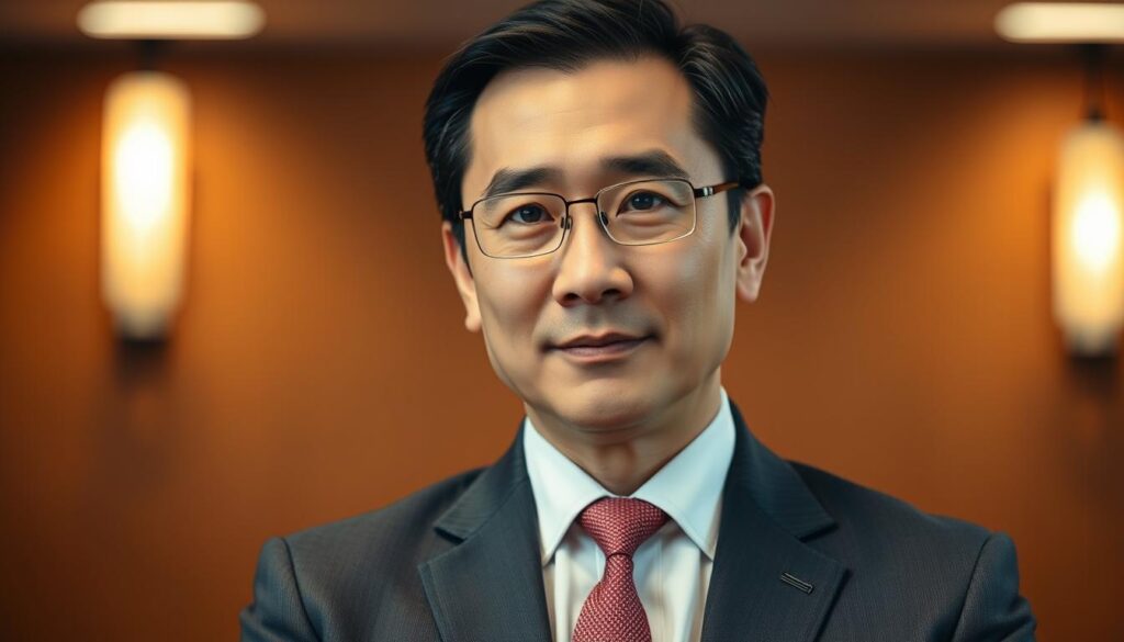 A realistic portrait of a Japanese commissioner in their 30s, set against a warm, professional backdrop. They are dressed in a tailored suit, exuding a sense of authority and competence. Their expression is serious yet approachable, conveying the gravity of their role. The lighting is soft and directional, highlighting the subject's features and creating a sense of depth. The composition places the commissioner in the center, with a slightly elevated angle to suggest their position of leadership. The overall mood is one of professionalism, expertise, and a dedication to their important duties.