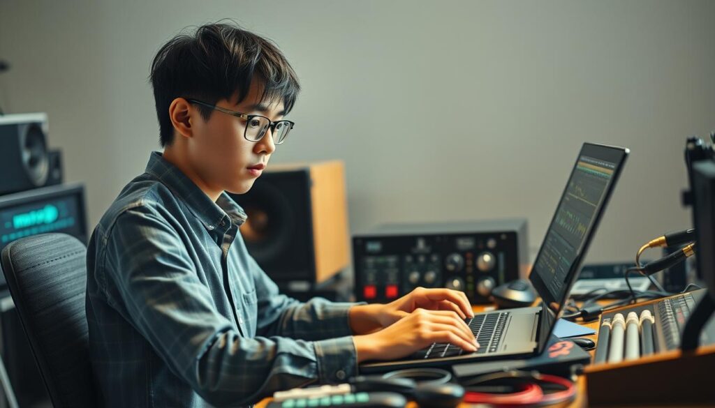 A realistic scene depicting a young, Japanese-looking person working as an arranger. They are seated at a desk surrounded by various musical instruments and audio equipment, deep in concentration as they meticulously manipulate digital audio files on a laptop screen. The lighting is soft and natural, creating a focused and contemplative atmosphere. The background is blurred, hinting at a professional studio environment. The arranger's expression conveys a sense of expertise and dedication to their craft. The overall scene showcases the technical skills, attention to detail, and creative problem-solving required for the arranger's role, hinting at the potential for a satisfying and well-compensated career.