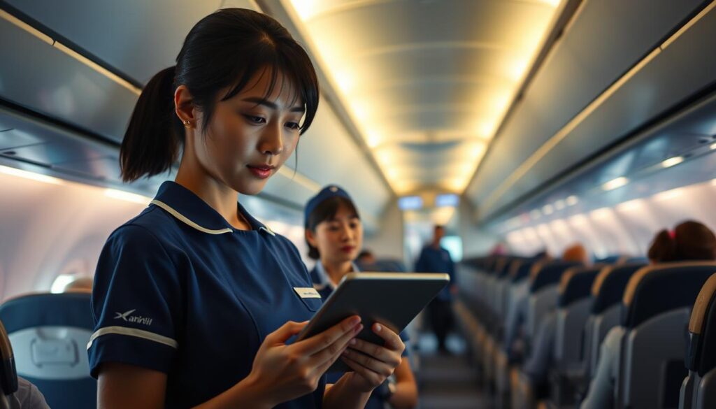 A realistic scene of a flight attendant's daily schedule, capturing a young, Japanese-looking woman in her uniform going about her duties. Ambient cabin lighting illuminates the foreground as she checks her tablet, mid-stride, conveying a sense of efficiency and professionalism. The middle ground features other flight attendants maneuvering through the aircraft aisle, while the background shows the interior of the plane with passengers seated and the distant cockpit. The overall mood is one of controlled, methodical workflow within the confined space of the cabin.