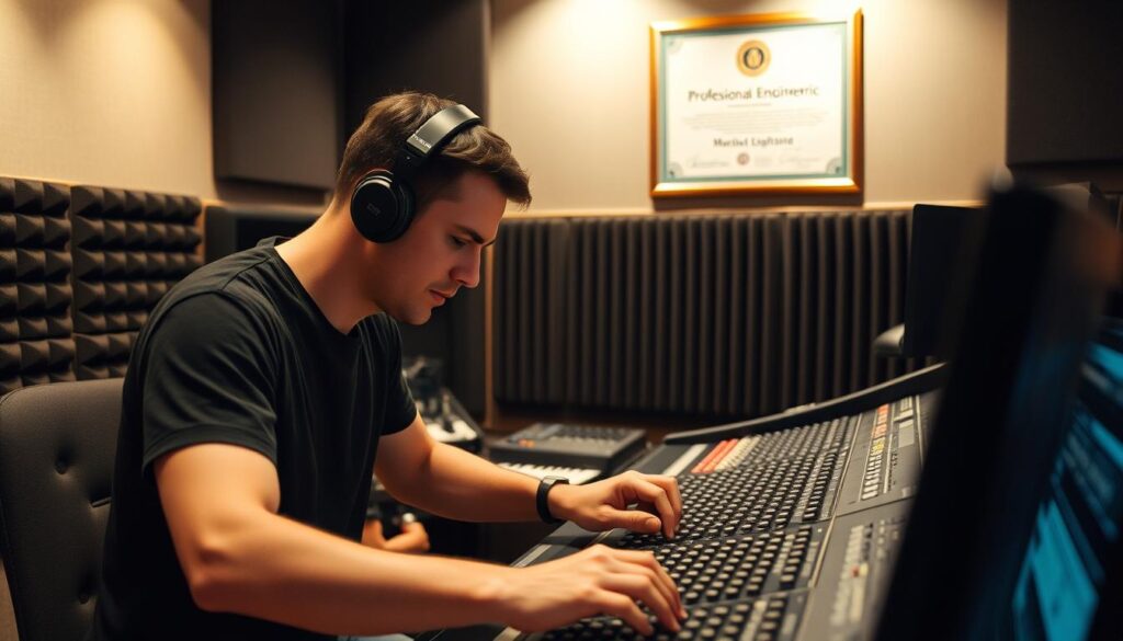A recording engineer working intently at a state-of-the-art audio console, surrounded by soundproofed walls and high-end equipment. Soft, warm lighting illuminates their focused expression as they make precise adjustments, their hands dancing across the various knobs and faders. In the background, a wall-mounted display shows a professional audio engineering certification, signifying their expertise and qualifications. The scene conveys a sense of technical mastery and dedication to the craft, befitting the requirements for this specialized profession.