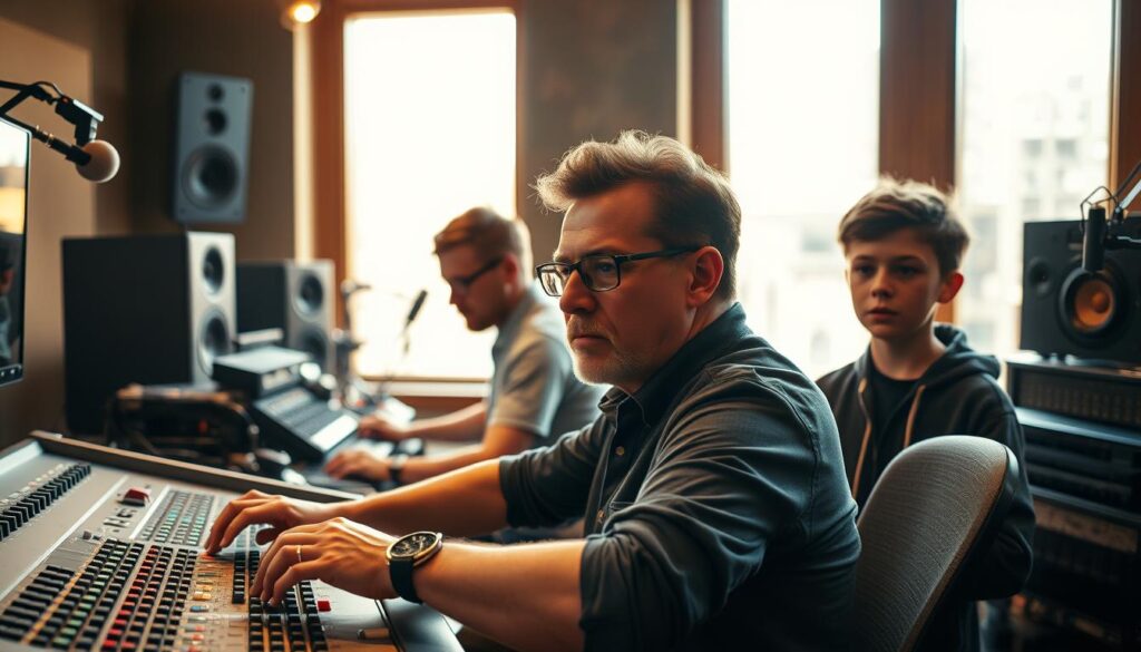 A recording engineer's studio, bathed in warm, golden lighting from large windows. In the foreground, a successful engineer, hands deftly working the mixing console, brow furrowed in concentration. Behind them, a mid-career engineer, troubleshooting a complex setup, gaze focused and determined. In the background, a young, aspiring engineer, eyes wide with wonder, observing the masters at work. The scene conveys the journey of a recording engineer's career - the heights of success, the challenges of the craft, and the passion that drives them onward.