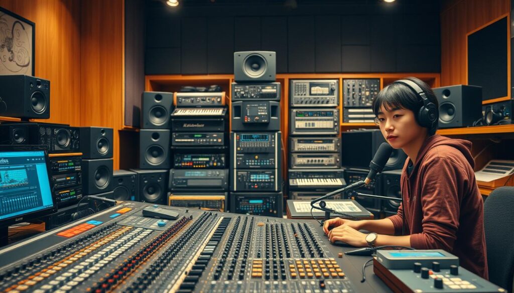 A recording engineer's studio workspace, filled with advanced audio equipment and electronics. The foreground features a mixing console with a variety of knobs, sliders, and displays, all neatly arranged. In the middle ground, a tall stack of speakers and monitors sits on either side, providing a high-fidelity listening environment. The background showcases a bank of synthesizers, microphones, and other specialized audio tools, hinting at the technical expertise required. The lighting is warm and focused, creating a professional, yet creative atmosphere. The models are young Japanese individuals, their faces realistic and expressive, as they meticulously operate the equipment, demonstrating the skills needed for this demanding role.
