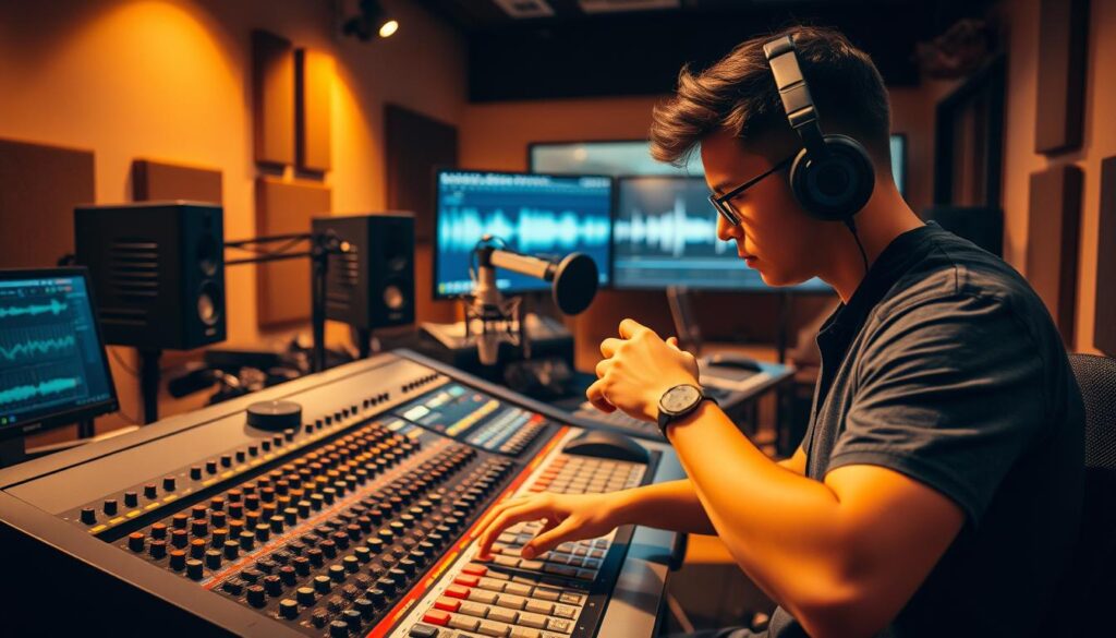 A recording engineer's workspace, illuminated by warm studio lighting. In the foreground, a focused young engineer adjusts knobs and sliders on a professional mixing console, their fingers dancing across the controls. The middle ground features a microphone stand, headphones, and various audio equipment, conveying the technical nature of the role. In the background, soundproofed walls and a large monitor display waveforms, creating a sense of the engineer's immersion in the recording process. The atmosphere is one of concentration and attention to detail, as the engineer captures and refines the audio to perfection.