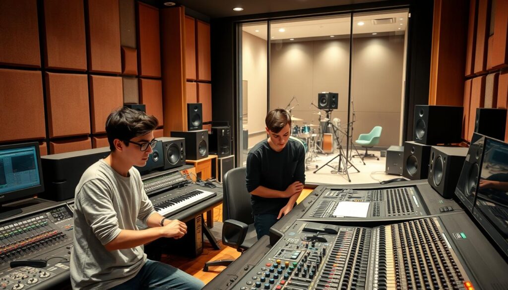 A recording studio with a team of skilled, dedicated recording engineers. The scene depicts a spacious, well-equipped control room with sound-absorbing panels, high-end audio equipment, and large mixing consoles. In the foreground, three young, focused engineers are intently monitoring levels, adjusting knobs, and collaborating on the mix. Their expressions convey a sense of professionalism and technical expertise. Subtle lighting casts a warm, contemplative atmosphere, while the background features a large glass window overlooking a live recording room. The image aims to capture the essence of the recording engineer's craft and the respect they command within the industry.