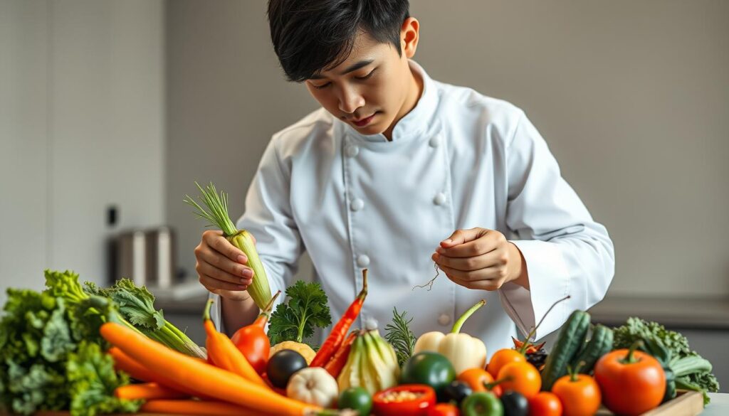 A refined and polished image showcasing the diverse skills of a professional Vegetable Sommelier. In the foreground, a young Japanese-looking model wearing a crisp white chef's uniform meticulously inspects a variety of fresh, vibrant vegetables, their hands delicately handling each item with expertise. The middle ground features an arrangement of various vegetables, each showcasing its unique color, texture, and quality, hinting at the Sommelier's deep knowledge and discerning palate. The background subtly evokes an upscale kitchen or tasting room, with clean lines and muted tones that allow the focus to remain on the Sommelier's skills. The overall mood is one of professionalism, attention to detail, and a deep appreciation for the art of understanding and presenting exceptional produce.