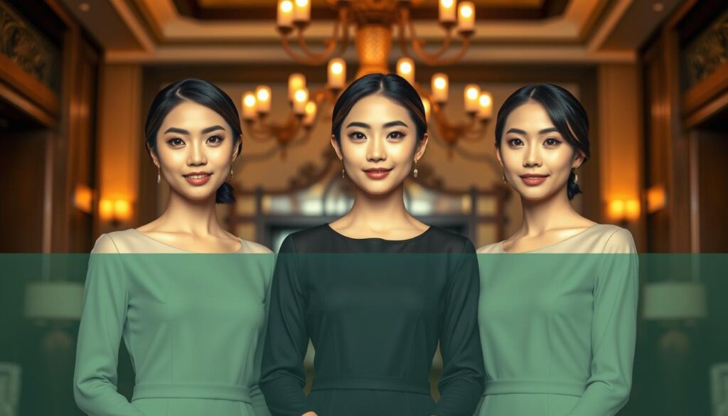 A refined and professional image showcasing the hiring criteria for a grand hotel hostess. Set in a luxurious hotel lobby, the frame features three young, elegantly dressed Japanese women with refined features standing in a line, embodying the desired characteristics - polished poise, graceful demeanor, and impeccable presentation. Warm, soft lighting from chandeliers above casts a welcoming glow, while the backdrop displays a muted, ornate decor that conveys an atmosphere of sophistication and hospitality. The models exude a sense of confidence and hospitality, capturing the essence of the role and the high standards expected for this coveted position.