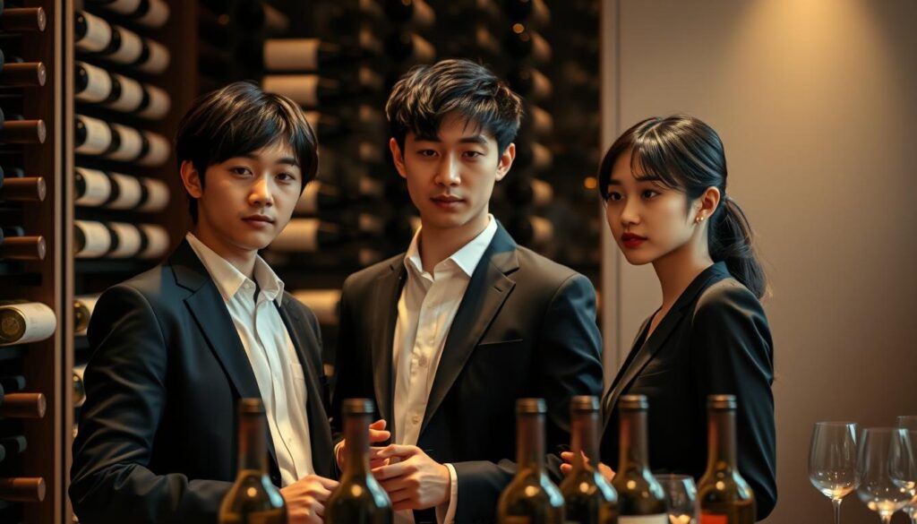 A refined, elegant setting with a sophisticated ambiance. Three young Japanese-looking individuals, dressed in formal attire, stand before a well-stocked wine cellar. Soft, warm lighting illuminates their faces, highlighting their focused expressions as they examine and discuss the vintages before them. The scene conveys a sense of expertise, knowledge, and dedication to the art of wine appreciation. The background features subtle, muted tones that enhance the overall mood, creating a visually captivating and informative illustration for the article's section on sommelier certifications.