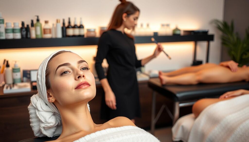 A refined, well-lit studio setting showcasing the diverse specialties of a professional esthetician. In the foreground, a serene-faced model sits receiving a delicate facial treatment, her skin glowing with a healthy radiance. Behind her, shelves display an array of skincare products and tools, each meticulously organized. In the middle ground, another model demonstrates the application of makeup, her features enhanced with a natural, elegant touch. In the background, a third model receives a calming body massage, her muscles relaxed under the skilled hands of the esthetician. The overall atmosphere exudes a sense of tranquility, professionalism, and expertise, capturing the multifaceted nature of an esthetician's specialized domains.