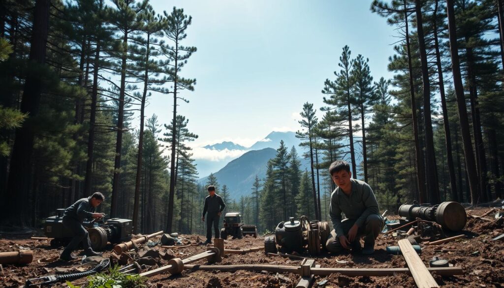 A rugged, densely forested landscape with towering pine trees stretching towards the sky. In the foreground, a group of young Japanese forestry workers toil under the harsh sunlight, their faces etched with fatigue and determination. Heavy machinery and tools litter the ground, testament to the backbreaking labor required. The middle ground reveals the steep, uneven terrain that makes their work treacherous, while the distant mountains shrouded in mist suggest the scale and isolation of their workplace. The scene conveys the challenging, physically demanding nature of Japan's forestry industry, where workers battle the elements to sustainably manage the country's precious natural resources.
