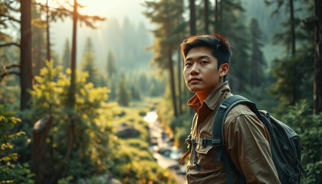 A rugged outdoorsman stands amidst a serene forest, clad in durable hiking gear and wielding a sturdy backpack. His alert gaze scans the horizon, ready to guide hikers and protect the wilderness. Warm, natural lighting filters through the canopy, casting a golden glow on his youthful, Japanese-inspired features. In the middle ground, a winding trail leads deeper into the lush, verdant landscape. In the background, towering evergreens and a tranquil stream create a serene, immersive atmosphere, reflecting the ranger's role as a steward of the land.