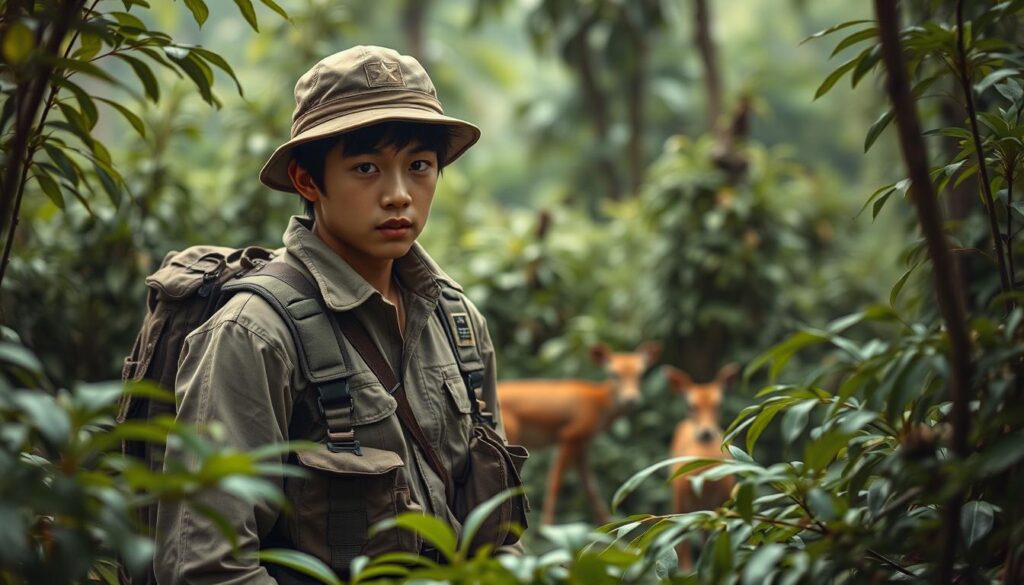 A rugged ranger, clad in khaki and earth-toned gear, stands amidst lush, verdant foliage. Their youthful, Japanese-inspired features exude a determined gaze as they carefully inspect the surroundings, alert to any signs of environmental distress. In the middle ground, native wildlife cautiously emerges, sensing the ranger's respectful presence. The soft, diffused lighting casts a warm, natural ambiance, emphasizing the ranger's role as a guardian of this delicate ecosystem. Detailed textures and a realistic photographic style immerse the viewer in this scene of environmental stewardship.