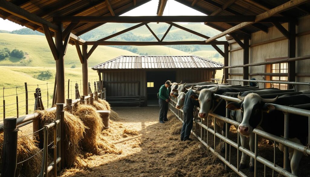 A rustic dairy farm nestled in rolling green hills, with a modest barn and wooden fencing. Inside, young Japanese farmhands tend to the cows, their faces etched with determination as they muck stalls, feed the herd, and maintain the equipment. Soft natural light filters through the windows, casting a warm glow over the scene. The air is crisp and clean, carrying the earthy scent of fresh hay. A sense of hard work and dedication permeates the environment, as the farmhands work tirelessly to ensure the health and productivity of the dairy operation.