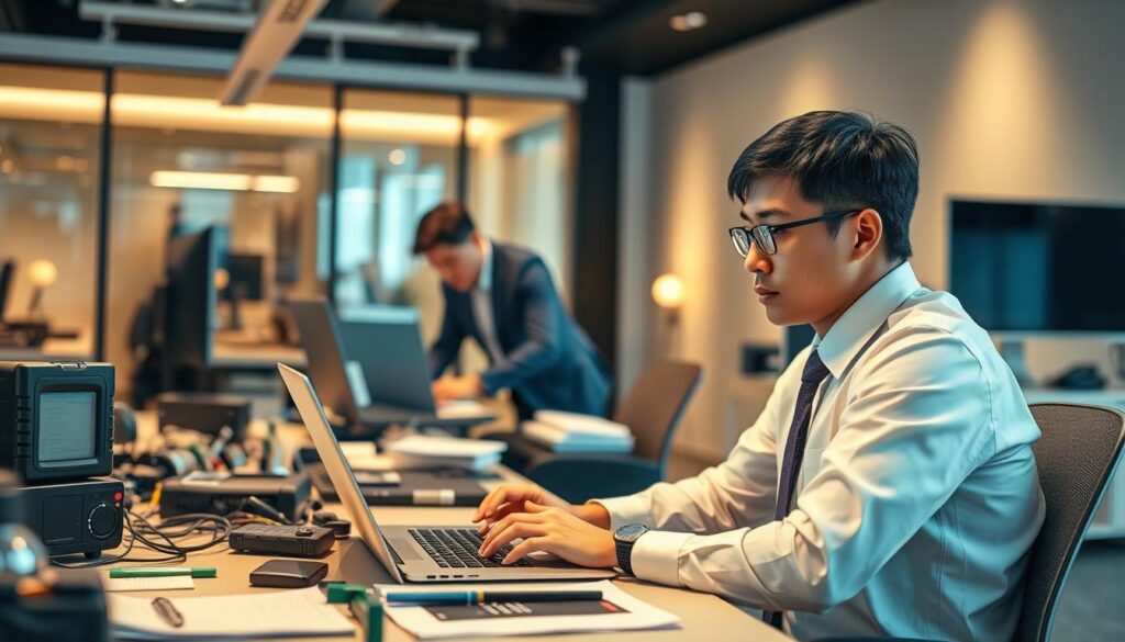 A scene depicting the daily tasks and responsibilities of a customer engineer. In the foreground, a young Japanese-looking man in a collared shirt and tie sits at a desk, intently focused on a laptop screen. Surrounding him are various electronic devices, tools, and manuals, suggesting a workspace dedicated to troubleshooting and maintenance. In the middle ground, the engineer is assisted by a colleague, both collaborating to resolve a technical issue. The background features a modern office environment with sleek, minimalist decor, conveying a professional and efficient atmosphere. Soft, warm lighting illuminates the scene, creating a calm and productive mood.
