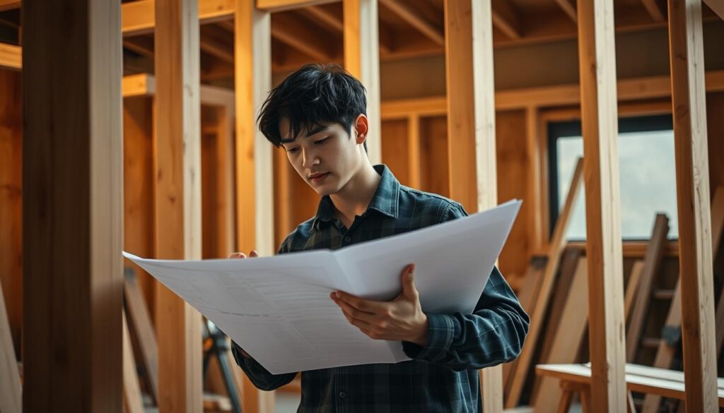 A scene of a Japanese wood construction architect deeply engrossed in their work, standing amidst a partially framed timber structure. The architect, a young, dark-haired Japanese-looking person, intently examines the plans while gesturing towards the framework, their face expressing focused determination. The lighting is soft and natural, with warm hues casting a cozy ambiance over the workshop setting. The background features additional timber beams and tools, conveying the technical expertise and specialized knowledge required for this profession. The overall atmosphere suggests the architect's dedication to their craft and the unique challenges of working with traditional wood construction techniques.