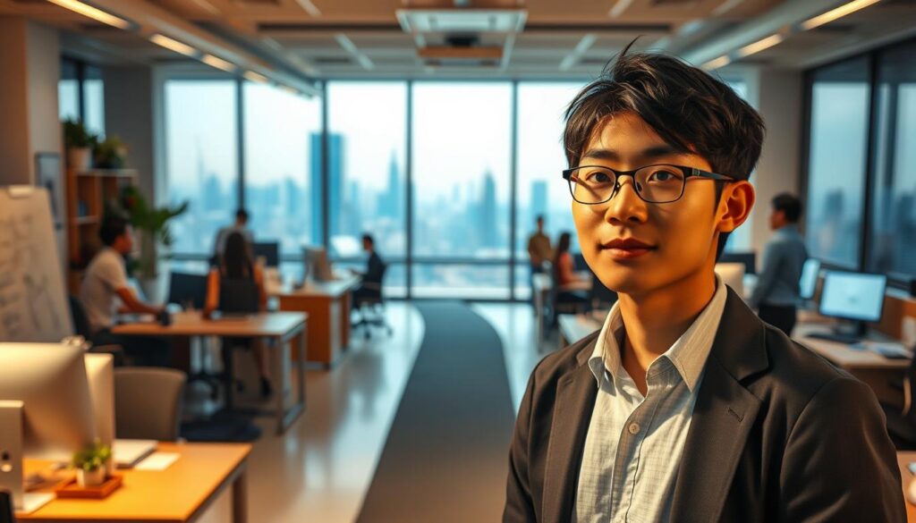A scenic career path unfolds, as a young Japanese professional navigates the journey from inexperience to directorial success. In the foreground, the protagonist stands confidently, their focused gaze reflecting determination. Surrounding them, a bustling office environment sets the stage, with colleagues collaborating at desks and whiteboards. Warm lighting casts a productive atmosphere, while the middle ground reveals a path winding through the workspace, symbolizing the progression from entry-level to leadership. In the background, a panoramic city skyline hints at the broader opportunities and growth potential that await this rising director. The scene conveys a sense of ambition, hard work, and the transformative power of a dedicated career pursuit.