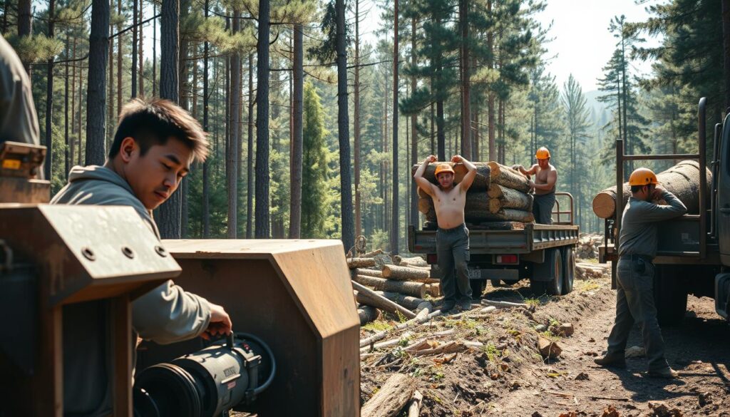 A scenic forest landscape with a group of young Japanese-looking workers engaged in timber harvesting operations. In the foreground, two workers are carefully operating a wood chipper, their faces visible and focused on the task at hand. In the middle ground, another pair of workers are loading freshly cut logs onto a truck, their muscular frames and protective gear reflecting the physical nature of their work. In the background, the dense forest canopy filters sunlight, casting a warm, natural glow over the scene. The overall mood is one of hard work, safety, and the symbiotic relationship between people and the natural environment.