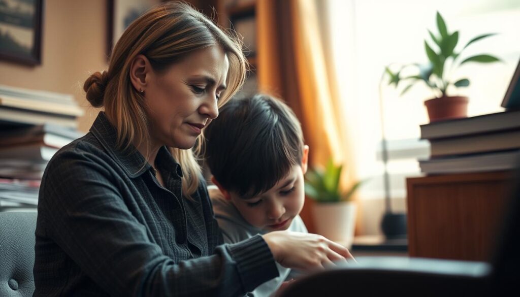 A school counselor calmly assisting a distressed student, their heads bent together in serious discussion. The scene is bathed in warm, focused lighting, creating a sense of intimacy and trust. The counselor's face reflects empathy and concern, while the student's posture conveys vulnerability. The background is slightly blurred, maintaining the focus on the central figures. The setting is a cozy, private office, with subtle details like a stack of files and a potted plant suggesting the counselor's professional yet approachable demeanor. The overall mood is one of quiet, decisive crisis management, capturing the crucial role of the school counselor in providing support and guidance during a time of student need.