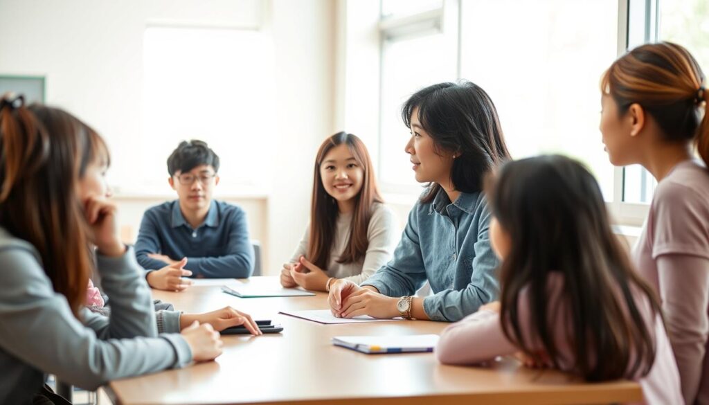 A school counselor guiding a group of students in a bright, airy classroom. The counselor, a young Japanese-looking person with dark hair, sits at a table, engaged in a discussion with several students surrounding them. The students have attentive expressions, suggesting an active dialogue. Soft natural light filters in through large windows, creating a warm, welcoming atmosphere. The scene captures the counselor's role in supporting and advising students within the school environment.