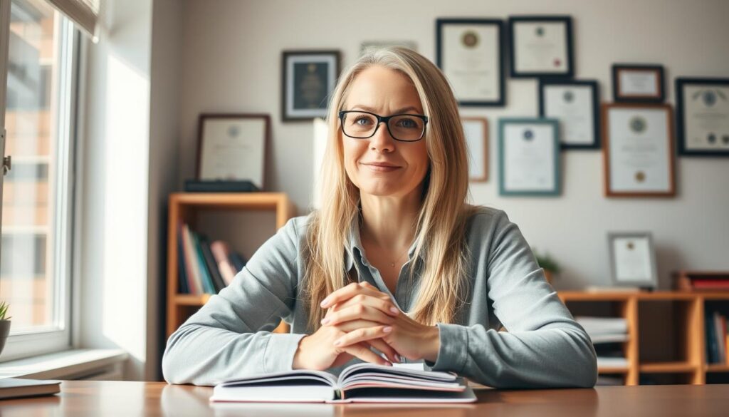 A school counselor with a serene, empathetic expression, seated at a desk in a warm, sunlit office. The counselor's hands rest on a notebook, conveying an aura of active listening and understanding. Behind them, a bookshelf and diplomas on the wall suggest their expertise and qualifications. The lighting is soft and natural, creating a comfortable, approachable atmosphere. The scene depicts the essential skills of a school counselor: active listening, problem-solving, and guiding students with care and professionalism.