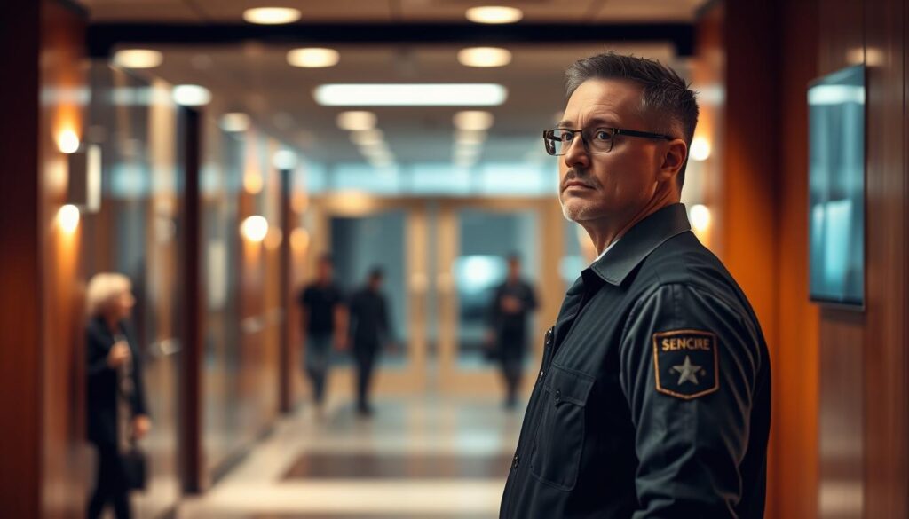 A security guard standing vigilantly at the entrance of a high-security building, surveying the surroundings with a keen eye. The scene is bathed in soft, warm lighting that accentuates the guard's focused expression and the clean, professional attire. In the background, a subtle blur of activity suggests the bustling office environment the guard is tasked with protecting. The guard's posture is upright and alert, ready to respond to any emergency or security breach with swift and decisive action. The overall atmosphere conveys a sense of safety, order, and the importance of the guard's role in maintaining a secure and well-managed environment.