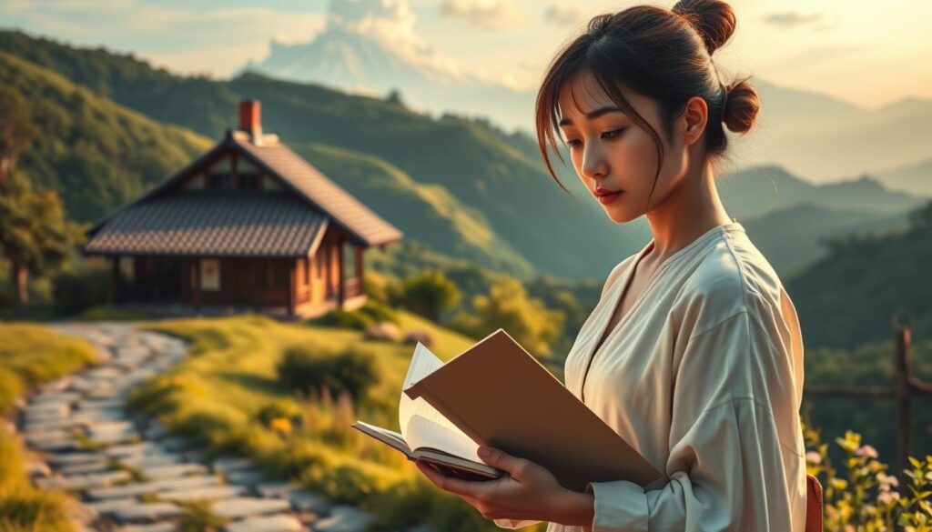 A serene Japanese countryside scene with a winding path leading to a quaint cottage nestled among lush, verdant hills. In the foreground, a young aspiring writer, a Japanese woman with an earnest expression, gazes contemplatively at a notebook in her hands. Soft, warm lighting illuminates the scene, casting a cozy, dreamlike atmosphere. The cottage's traditional tiled roof and well-tended garden evoke a sense of tranquility and the promise of inspiration. In the background, a distant mountain range stands majestically, hinting at the boundless possibilities of the fantasy world waiting to be crafted.