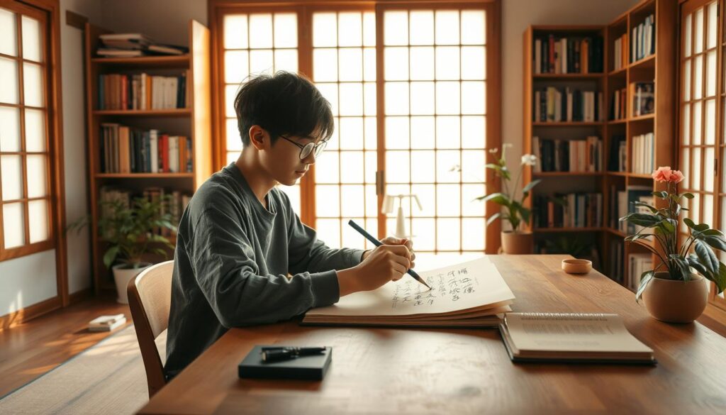 A serene Japanese-inspired workspace with a young writer sitting at a minimalist wooden desk, intently focused on improving their writing technique. Warm, natural lighting filters through large windows, casting a soft glow on the scene. The writer's hand gracefully wields a calligraphy brush, crafting elegant strokes on a sheet of traditional paper. Bookshelves line the walls, filled with volumes on literature and language. Potted plants and a simple flower arrangement add a touch of nature, creating a calming, inspirational atmosphere conducive to honing one's literary prowess.