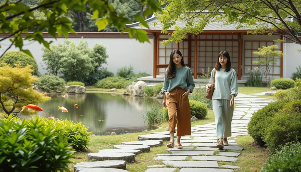 A serene Japanese-style garden with a minimalist, eco-friendly landscape design. The foreground features a stone pathway winding through lush greenery, with native plants and shrubs carefully selected to promote biodiversity. In the middle ground, a tranquil pond reflects the surrounding foliage, its surface disturbed by the gentle movement of koi fish. The background showcases a traditional wooden pavilion, its clean lines and natural materials blending seamlessly with the natural environment. The lighting is soft and diffused, creating a calming, contemplative atmosphere. The young Japanese models, dressed in casual, earth-toned clothing, are positioned throughout the scene, interacting with the eco-friendly elements and enjoying the peaceful outdoor space.