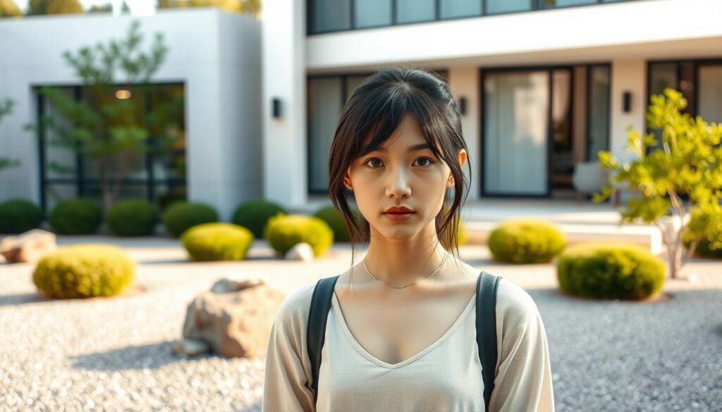A serene Japanese-style garden with clean lines and minimalist design. A young, dark-haired Japanese-looking model stands in the foreground, their gaze directed thoughtfully at the camera. In the middle ground, neatly trimmed bushes and ornamental rocks create a calming, natural atmosphere. The background features a sleek, modern exterior with clean architectural lines and large windows, bathed in soft, natural lighting. The overall mood is one of tranquility, balance, and a harmonious integration of indoor and outdoor spaces.