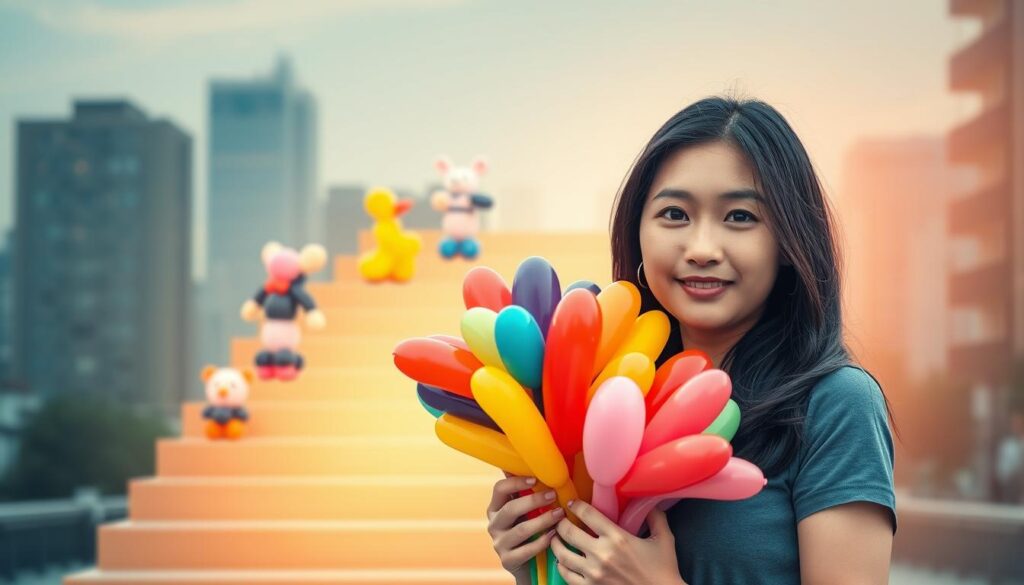A serene and aspirational scene of a career path in balloon art. In the foreground, a young Japanese woman, her black hair framing a determined expression, holds a colorful bouquet of balloon creations. Behind her, a series of ascending steps symbolize the progression from novice to expert, with each step showcasing a more intricate and imaginative balloon sculpture. The background is a softly blurred urban landscape, hinting at the diverse venues where a balloon artist can ply their craft. Warm, directional lighting casts a gentle glow, conveying a sense of hope and opportunity. The overall composition suggests the rewarding journey of mastering the art of balloon sculpting.