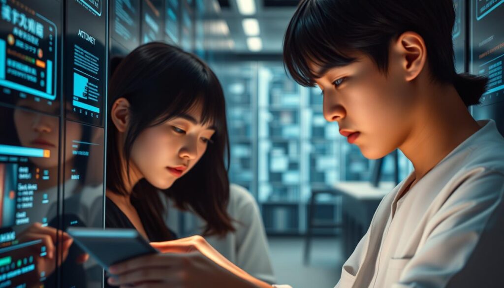 A serene and contemplative digital archive, where young Japanese-looking models with dark hair immerse themselves in the timeless flow of data. Soft, natural lighting illuminates their focused expressions as they meticulously curate and preserve the digital relics of the past. The background is a harmonious blend of sleek, futuristic interfaces and organic textures, conveying the seamless integration of technology and human curation. An atmosphere of reverence and dedication pervades the scene, capturing the essence of the digital archivist's role in the modern era.