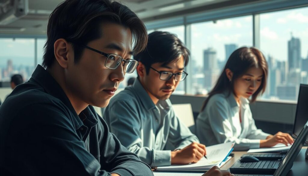 A serene and contemplative scene of Japanese game scenario writers, their expressions reflecting the complex interplay of passion, dedication, and the challenges of their craft. In the foreground, a trio of writers, faces illuminated by soft, natural lighting, ponder their creative visions. In the middle ground, a bustling office environment, filled with the hum of keyboards and the occasional gesture of collaboration. The background, a panoramic view of the vibrant city skyline, symbolizing the industry's dynamism and the writers' connection to the broader cultural landscape. The overall mood is one of quiet introspection, balanced by a sense of professional pride and the determination to shape the narratives that captivate game enthusiasts worldwide.