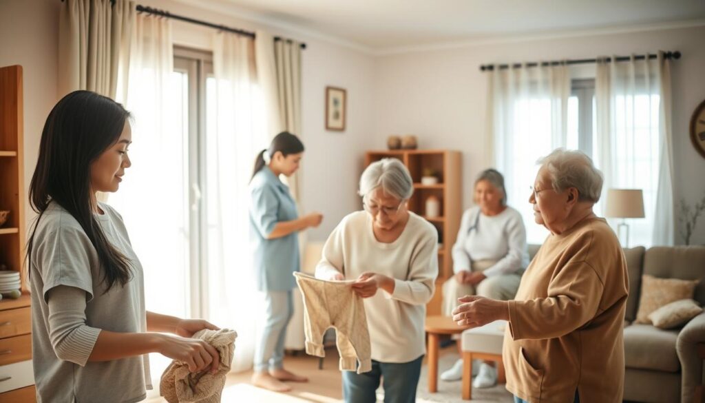A serene and cozy home interior, bathed in warm, natural lighting. In the foreground, a young Japanese woman in casual attire assists an elderly person with everyday tasks such as folding laundry or preparing a meal. In the middle ground, another caregiver interacts with a middle-aged individual, offering guidance and support. The background depicts a well-appointed living space, with tasteful decor and furnishings that convey a sense of comfort and familiarity. The atmosphere is one of quiet diligence, empathy, and the meaningful exchange of care between generations. Precise, high-resolution, photorealistic, no text.
